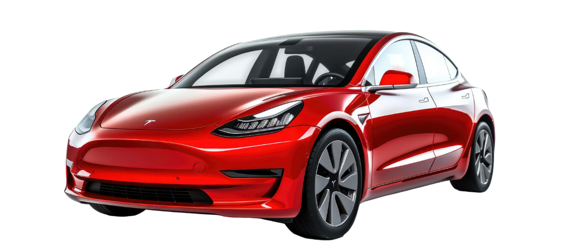 A shiny red Tesla Model 3 electric car, viewed from the front-left angle, with sleek lines, black accents, and aerodynamic design, isolated on a white background.